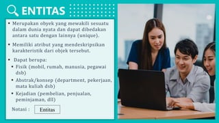 ENTITAS
 Merupakan obyek yang mewakili sesuatu
dalam dunia nyata dan dapat dibedakan
antara satu dengan lainnya (unique).
 Memiliki atribut yang mendeskripsikan
karakteristik dari objek tersebut.
 Dapat berupa:
 Fisik (mobil, rumah, manusia, pegawai
dsb)
 Abstrak/konsep (department, pekerjaan,
mata kuliah dsb)
 Kejadian (pembelian, penjualan,
peminjaman, dll)
Notasi : Entitas
 