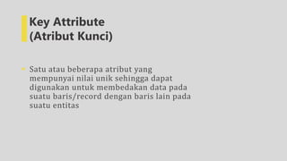  Satu atau beberapa atribut yang
mempunyai nilai unik sehingga dapat
digunakan untuk membedakan data pada
suatu baris/record dengan baris lain pada
suatu entitas
Key Attribute
(Atribut Kunci)
 
