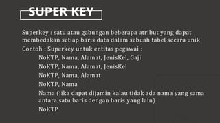 SUPER KEY
Superkey : satu atau gabungan beberapa atribut yang dapat
membedakan setiap baris data dalam sebuah tabel secara unik
Contoh : Superkey untuk entitas pegawai :
NoKTP, Nama, Alamat, JenisKel, Gaji
NoKTP, Nama, Alamat, JenisKel
NoKTP, Nama, Alamat
NoKTP, Nama
Nama (jika dapat dijamin kalau tidak ada nama yang sama
antara satu baris dengan baris yang lain)
NoKTP
 
