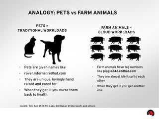 ANALOGY: PETS vs FARM ANIMALS
PETS =
TRADITIONAL WORKLOADS
FARM ANIMALS =
CLOUD WORKLOADS
Credit : Tim Bell @ CERN Labs, Bill Baker @ Microsoft, and others
● Pets are given names like
● rover.internal.redhat.com
● They are unique, lovingly hand
raised and cared for
● When they get ill you nurse them
back to health
● Farm animals have tag numbers
like piggie242.redhat.com
● They are almost identical to each
other
● When they get ill you get another
one
 