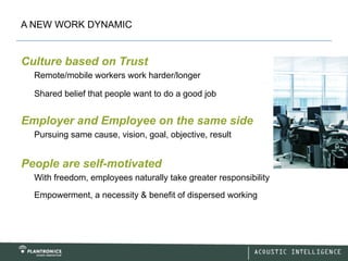 A NEW WORK DYNAMIC


Culture based on Trust
  Remote/mobile workers work harder/longer

  Shared belief that people want to do a good job


Employer and Employee on the same side
  Pursuing same cause, vision, goal, objective, result


People are self-motivated
  With freedom, employees naturally take greater responsibility

  Empowerment, a necessity & benefit of dispersed working
 