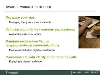 SMARTER WORKER PROTOCOLS


Organise your day
  Managing liberty versus commitments

Set clear boundaries - manage expectations
  Availability and contactability

Maintain professionalism in
telephone/virtual communications
  Maintain undisturbed high focus/attention

Communicate with clarity in conference calls
  Engaging a ‘distant’ audience
 