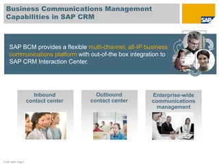 Business Communications Management
  Capabilities in SAP CRM



     SAP BCM provides a flexible multi-channel, all-IP business
     communications platform with out-of-the box integration to
     SAP CRM Interaction Center.




                        Inbound          Outbound        Enterprise-wide
                      contact center   contact center    communications
                                                           management




© SAP 2008 / Page 6
 