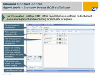 Inbound Contact center
  Agent tools – browser based BCM softphone

          Communication Desktop (CDT) offers comprehensive real time multi-channel
          queue management and monitoring functionality for agents

      Personal presence
      management

      Active customer
      interactions info

      Real time queue view
      including login status
      management

      Special call handling
      tools: e.g. recording,
      conference, callback,
      audio settings and quick
      dialing keys

      Call handling tools:
      answer, hold, transfer,
      consult, hang-up

      Link to Message Panel

© SAP 2008 / Page 8
 
