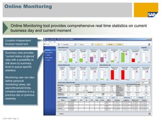 Online Monitoring


          Online Monitoring tool provides comprehensive real time statistics on current
          business day and current moment

   Location independent
   browser based tool


   Summary view provides
   “current status at glance”
   view with a possibility to
   drill down to summary
   level or queue specific
   statistics.

   Monitoring user can also
   define personal
   monitoring views, set
   alarm/threshold limits,
   compare statistics to e.g.
   previous day or previous
   weekday




© SAP 2008 / Page 13
 
