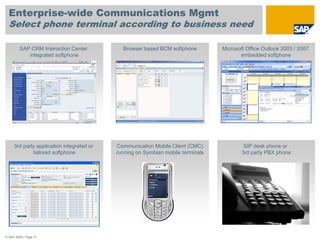 Enterprise-wide Communications Mgmt
  Select phone terminal according to business need

         SAP CRM Interaction Center          Browser based BCM softphone         Microsoft Office Outlook 2003 / 2007
            integrated softphone                                                        embedded softphone




     3rd party application integrated or   Communication Mobile Client (CMC)             SIP desk phone or
             tailored softphone            running on Symbian mobile terminals          3rd party PBX phone




© SAP 2008 / Page 17
 