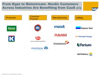 From Hype to Mainstream– Nordic Customers
 Across Industries Are Benefiting from CaaS (2/3)

                                                Consumer
         Wholesales                                        Manufacturing   Utilities
                                                Products



                                                                                 Espoon Vesi




© 2010 SAP AG. All rights reserved. / Page 12
 
