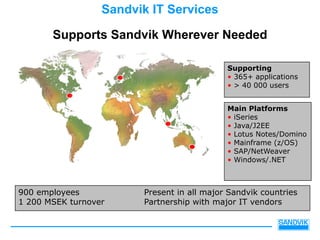 Sandvik IT Services

       Supports Sandvik Wherever Needed

                                            Supporting
                                            • 365+ applications
                                            • > 40 000 users


                                            Main Platforms
                                            • iSeries
                                            • Java/J2EE
                                            • Lotus Notes/Domino
                                            • Mainframe (z/OS)
                                            • SAP/NetWeaver
                                            • Windows/.NET



900 employees           Present in all major Sandvik countries
1 200 MSEK turnover     Partnership with major IT vendors
 