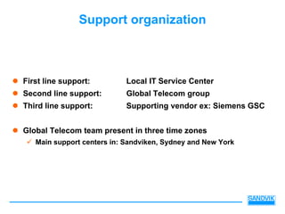 Support organization



First line support:         Local IT Service Center
Second line support:        Global Telecom group
Third line support:         Supporting vendor ex: Siemens GSC


Global Telecom team present in three time zones
   Main support centers in: Sandviken, Sydney and New York
 