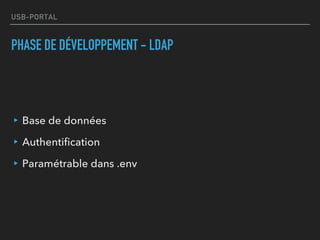 USB-PORTAL
PHASE DE DÉVELOPPEMENT - LDAP
▸Base de données
▸Authentification
▸Paramétrable dans .env
 