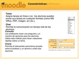 Características -  Módulos Tarea Asigna tareas en línea o no;  los alumnos pueden enviar sus tareas en cualquier formato (como MS Office, PDF, imagen, a/v etc.). Chat   Permite la comunicación en tiempo real de los alumnos. Cada módulo ofrece ayudas de sus características Consulta Los profesores crean una pregunta y un número de opciones para los alumnos.  Utilice este módulo para hacer votaciones rápidas sobre un tema. Charla Permite el intercambio asincrónico privado entre el profesor y un alumno o entre dos alumnos. 