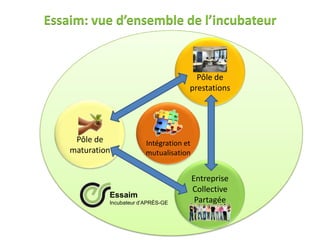 Essaim: vue d’ensemble de l’incubateur


                                                            Pôle de
                                                          prestations




                         Pôle de             Intégration et
                        maturation           mutualisation


                                                              Entreprise
                                                              Collective
                                 Essaim
                                 Incubateur d’APRÈS-GE         Partagée


Essaim
Incubateur d’APRÈS-GE
 