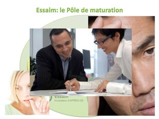 Essaim: le Pôle de maturation


                                                            Pôle de
                                                          prestations




                         Pôle de             Intégration et
                        maturation           mutualisation


                                                              Entreprise
                                                              Collective
                                 Essaim
                                 Incubateur d’APRÈS-GE         Partagée


Essaim
Incubateur d’APRÈS-GE
 
