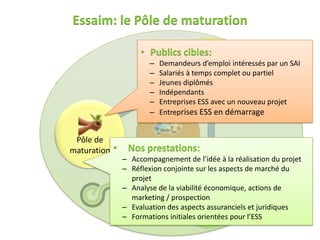 Essaim: le Pôle de maturation

                                           • Publics cibles:
                                              –   Demandeurs d’emploi intéressés par un SAI
                                              –   Salariés à temps complet ou partiel
                                                               Pôle de
                                              –   Jeunes diplômés
                                              –             prestations
                                                  Indépendants
                                              –   Entreprises ESS avec un nouveau projet
                                              –   Entreprises ESS en démarrage


                         Pôle de                 Intégration et
                        maturation •     Nos mutualisation
                                                  prestations:
                                       – Accompagnement de l’idée à la réalisation du projet
                                       – Réflexion conjointe sur les aspects de marché du
                                           projet               Entreprise
                                       – Analyse de la viabilité économique, actions de
                                                                Collective
                                  Essaim   marketing / prospection
                                  Incubateur d’APRÈS-GE          Partagée
                                       – Evaluation des aspects assuranciels et juridiques
                                       – Formations initiales orientées pour l’ESS
Essaim
Incubateur d’APRÈS-GE
 