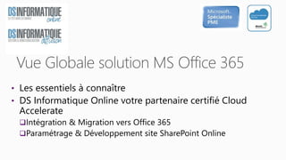 • Les essentiels à connaître
• DS Informatique Online votre partenaire certifié Cloud
Accelerate
Intégration & Migration vers Office 365
Paramétrage & Développement site SharePoint Online
 