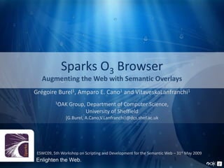 Sparks O3 BrowserAugmenting the Web with Semantic Overlays Grégoire Burel1, Amparo E. Cano1 and VitaveskaLanfranchi1 1OAK Group, Department of Computer Science, University of Sheffield {G.Burel, A.Cano,V.Lanfranchi}@dcs.shef.ac.uk    ESWC09, 5th Workshop on Scripting and Development for the Semantic Web – 31st May 2009 