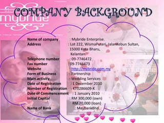 Name of company : Mybride Enterprise.
Address : Lot 222, WismaPuteri, JalanKebun Sultan,
15000 Kota Bharu,
Kelantan.
Telephone number : 09-7746472
Fax number : 09-7746473
Website : http://mybride.com.my
Form of Business : Partnership
Main activity : Wedding Services
Date of Registration : 1 December 2010
Number of Registration : KT0286609-K
Date of Commencement : 1 January 2010
Initial Capital : RM 300,000 (own)
RM 20,000 (loan)
Name of Bank : MaybankBhd
 