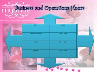 Business and Operations Hours
DAYS HOURS
Sunday to Thursday 10am - 10pm
Friday 11am – 10pm
Saturday 11am – 9 pm
 