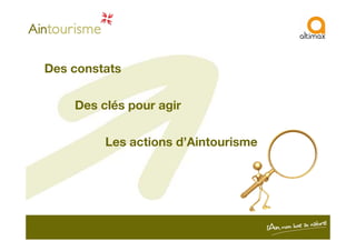 Des constats
Des clés pour agir
Les actions d’Aintourisme
 