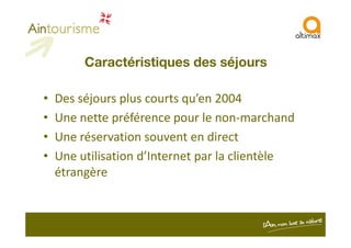 • Des séjours plus courts qu’en 2004
• Une nette préférence pour le non-marchand
Caractéristiques des séjours
• Une nette préférence pour le non-marchand
• Une réservation souvent en direct
• Une utilisation d’Internet par la clientèle
étrangère
 