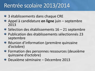 Rentrée scolaire 2013/2014
 3 établissements dans chaque CRE
 Appel à candidature en ligne juin – septembre
 2013
 Sélection des établissements 16 – 21 septembre
 Publication des établissements sélectionnés 23
 septembre
 Réunion d’information (première quinzaine
 d’octobre)
 Formation des personnes ressources (deuxième
 quinzaine d’octobre)
 Deuxième séminaire – Décembre 2013
 