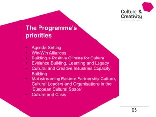 05
The Programme’s
priorities
• Agenda Setting
• Win-Win Alliances
• Building a Positive Climate for Culture
• Evidence Building, Learning and Legacy
• Cultural and Creative Industries Capacity
Building
• Mainstreaming Eastern Partnership Culture,
Cultural Leaders and Organisations in the
'European Cultural Space'
• Culture and Crisis
 