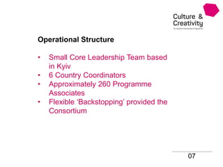 Operational Structure
• Small Core Leadership Team based
in Kyiv
• 6 Country Coordinators
• Approximately 260 Programme
As...