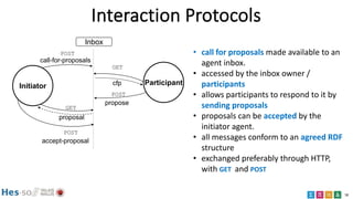 16
Interaction Protocols
• call for proposals made available to an
agent inbox.
• accessed by the inbox owner /
participan...