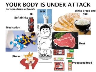 YOUR BODY IS UNDER ATTACK
Soft drinks
Medication
Stress
White bread and
rice
Meat
Processed food
Milk
www.ganoderma-coffee.info
 