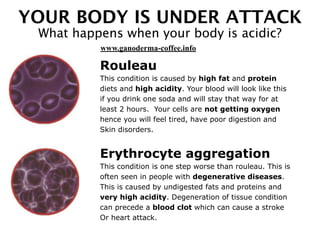 YOUR BODY IS UNDER ATTACK
What happens when your body is acidic?
Rouleau
This condition is caused by high fat and protein
diets and high acidity. Your blood will look like this
if you drink one soda and will stay that way for at
least 2 hours. Your cells are not getting oxygen
hence you will feel tired, have poor digestion and
Skin disorders.
Erythrocyte aggregation
This condition is one step worse than rouleau. This is
often seen in people with degenerative diseases.
This is caused by undigested fats and proteins and
very high acidity. Degeneration of tissue condition
can precede a blood clot which can cause a stroke
Or heart attack.
www.ganoderma-coffee.info
 