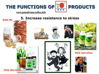 DXN Spirulina
DXN Morinzhi
DXN RG
5. Increase resistance to stress
THE FUNCTIONS OF PRODUCTS
www.ganoderma-coffee.info
 