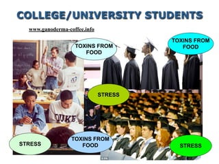 STRESS
COLLEGE/UNIVERSITY STUDENTS
TOXINS FROM
FOOD
STRESS
TOXINS FROM
FOOD
STRESS
TOXINS FROM
FOOD
www.ganoderma-coffee.info
 