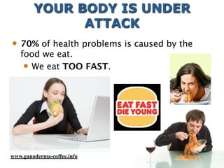 YOUR BODY IS UNDER
ATTACK
 70% of health problems is caused by the
food we eat.
 We eat TOO FAST.
www.ganoderma-coffee.info
 