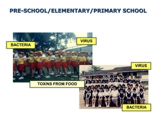 VIRUS
BACTERIA
PRE-SCHOOL/ELEMENTARY/PRIMARY SCHOOL
VIRUS
BACTERIA
TOXINS FROM FOOD
 