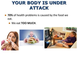 YOUR BODY IS UNDER
ATTACK
 70% of health problems is caused by the food we
eat.
 We eat TOO MUCH.
 