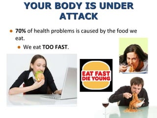YOUR BODY IS UNDER
ATTACK
 70% of health problems is caused by the food we
eat.
 We eat TOO FAST.
 