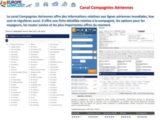 Canal Compagnies Aériennes
Le canal Compagnies Aériennes offre des informations relatives aux lignes aériennes mondiales, low
cost et régulières aussi. Il offre une fiche détaillée relative à la compagnie, les options pour les
voyageurs, les routes suivies et les plus importantes offres du moment.
 