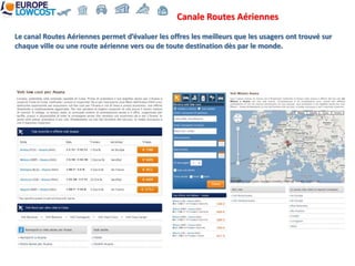 Canale Routes Aériennes
Le canal Routes Aériennes permet d’évaluer les offres les meilleurs que les usagers ont trouvé sur
chaque ville ou une route aérienne vers ou de toute destination dès par le monde.
 