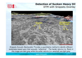Detection of Sunken Heavy Oil
                                         DTM with Snippets Overlay




                                   Rock Reef                       Sand Waves with
                                                                   Gravel Troughs




 Snippets Acoustic Backscatter Provides a quantitative method to identify different
substrates based upon their acoustic “reflectivity”. The harder returns (i.e. Rock) in
   this image are dark grey while the softer returns (i.e. sand/silt) are light grey.
                                    www.reson.com                            Document path
 