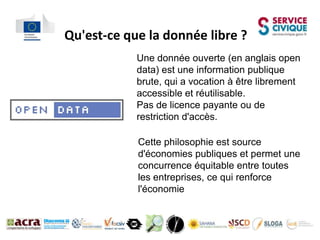Qu'est-ce que la donnée libre ?
            Une donnée ouverte (en anglais open
            data) est une information publique
            brute, qui a vocation à être librement
            accessible et réutilisable.
            Pas de licence payante ou de
            restriction d'accès.

            Cette philosophie est source
            d'économies publiques et permet une
            concurrence équitable entre toutes
            les entreprises, ce qui renforce
            l'économie
 