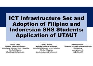 ICT Infrastructure Set and
Adoption of Filipino and
Indonesian SHS Students:
Application of UTAUT
Julius G. Garcia
College of Industrial Technology
Technological University of the Philippines
Manila, Philippines
julius.tim.garcia@gmail.com
Connie C. Aunario
College of Industrial Technology
Technological University of the Philippines
Manila, Philippines
conniecruzaunario@yahoo.com
Eva Handriyantini*
Programme of Study in Information System
STIKI Malang
Malang Indonesia
eva@stiki.ac.id
 