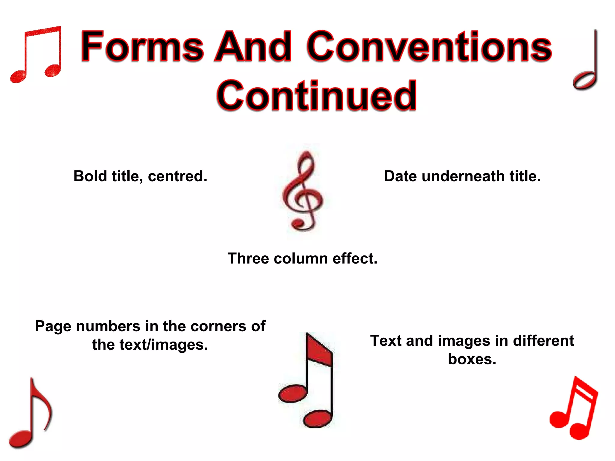 Bold title, centred. Date underneath title. Text and images in different boxes. Three column effect. Page numbers in the corners of the text/images. 