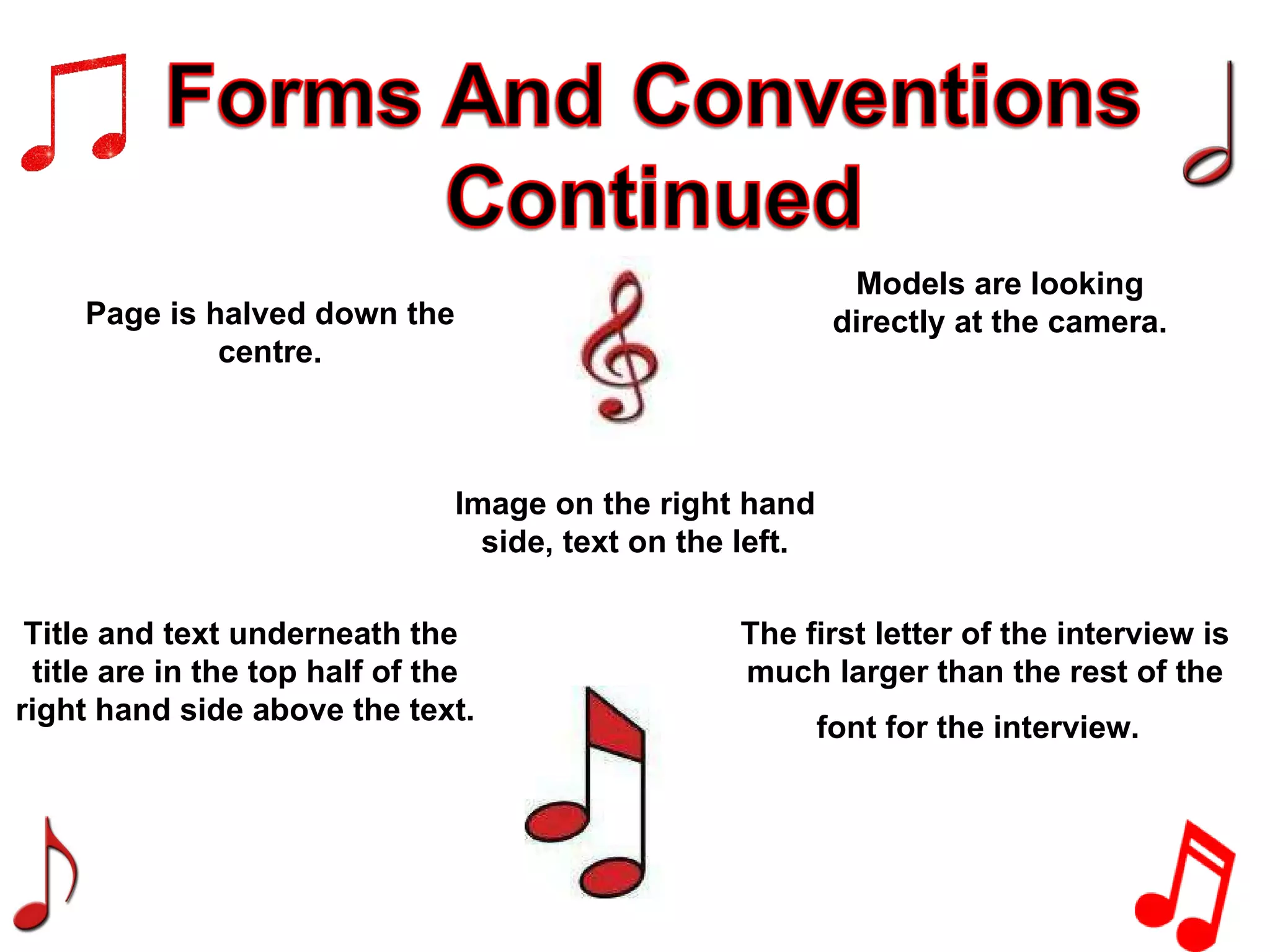 Page is halved down the centre. Image on the right hand side, text on the left. Title and text underneath the  title are in the top half of the right hand side above the text. The first letter of the interview is much larger than the rest of the font for the interview.   Models are looking directly at the camera. 