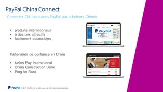 © 2015 Pay Pal Inc. All rights reserv ed. Conf idential and proprietary . 18
PayPal China Connect
Connecter 7M marchands PayPal aux acheteurs Chinois
• produits internationaux
• à des prix attractifs
• facilement accessibles
Partenaires de confiance en Chine
• Union Pay International
• China Construction Bank
• Ping An Bank
 