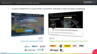 4© Borderlinx
Borderlinx – a B2C and B2B leader
8 years of experience in cross border e-commerce with best in class US export compliance
Retailer Global Ecommerce Solutions launchedConsumer service launched
2007 2013
 