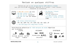 5
Menlook.com est le 1er groupe digital 100% dédié à l’homme
avec plus de 10 000 références réparties en 3 univers : Prêt à porter,
chaussures et accessoires
• 2 000 000 visites par mois
• 200 000 clients actifs
• 750 000 abonnés newsletter
• 150 000 fans sur les réseaux
sociaux
• The Menlook Tribune:
distribution
100 000 exemplaires
• + 2 000 articles, contenus
éditoriaux, guides de style
crées
• 10 sites internationaux:
FR, UK, GER, NL, IT, ESP, SG, US, AUS, JP
• + de 125 pays ont déjà été livrés
Distribution sélective de +350 marques de mode réparties
sur 3 univers:
CASUAL DESIGNER SPORTWEAR
Document confidentiel
Menlook en quelques chiffres
 