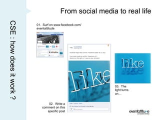 CSE : how does it work ?                  From social media to real life
                           01. Surf on www.facebook.com/
                           eventattitude




                                                            03. The
                                                            light turns
                                                            on…


                                  02. Write a
                              comment on this
                                 specific post
 