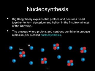 Nucleosynthesis
• Big Bang theory explains that protons and neutrons fused
together to form deuterium and helium in the first few minutes
of the Universe.
• The process where protons and neutrons combine to produce
atomic nuclei is called nucleosynthesis.
14
 