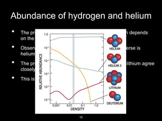 Abundance of hydrogen and helium
• The predicted abundance of hydrogen and helium depends
on the density of the early Universe.
• Observations indicate that about 24% of the Universe is
helium, produced shortly after the Big Bang.
• The predicted amounts of deuterium, helium and lithium agree
closely with observed amounts.
• This is a major success for the Big Bang Theory.
16
 