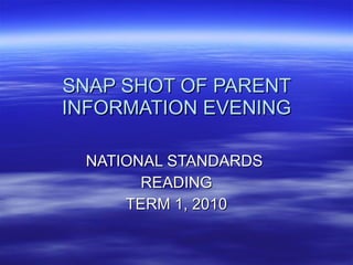 SNAP SHOT OF PARENT INFORMATION EVENING NATIONAL STANDARDS  READING TERM 1, 2010 